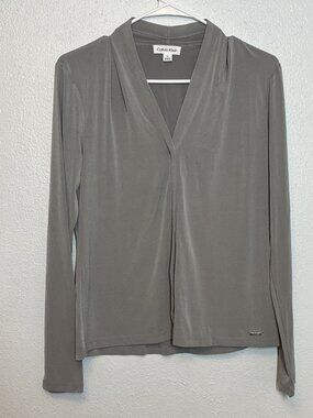 Calvin Klein Gray Long Sleeve Surplice Wrap Blouse Top Womens Small (MM)